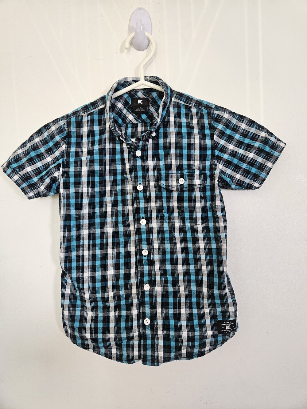 DC Shoes Boys Blue Black Plaid Short Sleeve Button Down Shirt Size 7